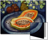 Assorted Fruit  Papaya  Plum  Pear Presented on Blue Platter Covered with Ivy