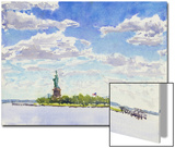 Watercolor Painting of a View of New York City Including the Statue of Liberty