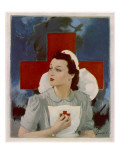 Glamorous Red Cross Nurse Posing in Front of a Cross and Spitfire