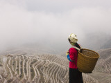 China  Guangxi Province  Longsheng  Zhuang Girl with Rice Terraces Covered with Ice and Frost
