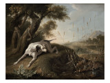 Chien à l'arrêt sur des perdrix