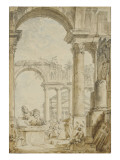 Figures dans des ruines romaines Le Panthéon au fond