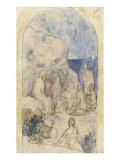 Groupe de personnages dans un paysage rocheux avec la mer au fond