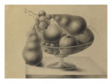 Compotier sur une table avec poire et pêche