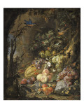 Fleurs  fruits  oiseaux et insectes dans un paysage avec ruines