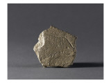 Fragment de grès avec une gravure de tête de glouton de profil et d'une tête de cervidé