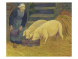Bretonne donnant à manger aux cochons