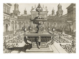 Perspective d'architecture avec parterres et fontaine