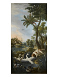 Paysage avec un chien attaquant des cygnes