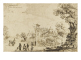 Paysage avec trois cavaliers et des figures près d'un château fort