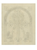 Plaque de marbre sculpté avec croix entourée de 2 paons et surmonté d'un arc à entrelacs