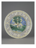 Grand plat rond polychrome : chasse à l'ours