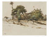 Paysage avec des chaumis sous les arbres