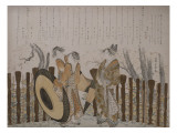 Oiran et ses deux Shinzô admirant les cerisiers en fleurs à Nakanochô