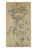 Dessin ornemental  une femme un genou à terre  tient un vase fermé et sculpté