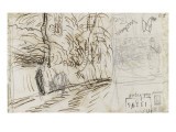 Chemin bord'arbres et femme dans un champ