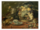 Singes et perroquet auprés d'une corbeille de fruits