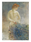 Femme nue  de dos  avec une queue de paon  la tête de profil à droite
