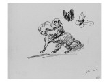 Cavalier de profil et deux papillons