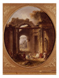 Ruines d'un temple antique avec des lavandières
