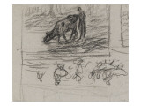 Croquis pour Femme faisant boire sa vache et des d'oies prd'une mare