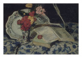 Nature morte : fleurs  faïence  livres