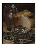 Nature morte au flacon de vin et aux poissons