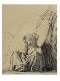 Petite paysanne assise au pied d'une meule