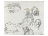 Steinlen dessinant sous une lampe  et croquis de quatre têtes