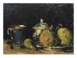 Nature morte : sucrier  poires et tasse bleue