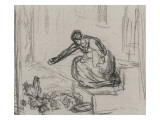 Feuille d'des : femme assise sur un perron jetant du grain aux poules