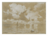 Mer calme avec à l'horizon des barques à voiles