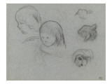 Deux croquis de tête de fillette ; trois autres croquis d'animaux