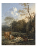 Le Bocage ; Vaches  ânes et moutons près d'un ruisseau