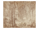 Femme faisant la lessive à l'intérieur d'une riche construction antique