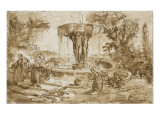 Femmes et enfants à la fontaine ornée d'une vasque