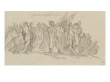 Etude de composition en frise comportant une vingtaine de personnages dont certains sont coiffés