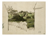 Village sur une colline  vu entre deux pans de murs