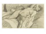 Etude de femme nue  couchée sur un lit cachant le visage de sa main droite