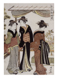 Femmes admirant des pivoines en fleurs