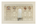 Mur avec glace  cheminée  quatre peintures décoratives dont un dessus de porte