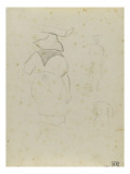 Femme de dos  coiffée d'un chapeau et deux croquis de personnages
