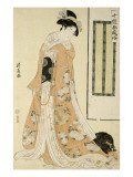Femme en kimono rose et petit chien