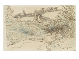 Village avec une ise devant un terrain de brousailles et d'arbres