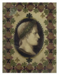 Napoléon couronné de lauriers : petit portrait de Napoléon en buste dans un ovale fond bleu