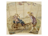 Album factice :Fragment d'éventail: jeune homme poussant une brouette où est assis un amour