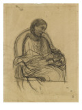 Femme assise dans un fauteuil  vue de trois quarts à droite  lisant