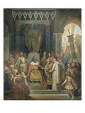 Charlemagne  entouré des ses principaux officiers  reçoit Alcuin qui lui présente des manuscrits 