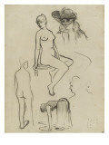 Etudes de nus féminins  d'une femme courbée  d'un buste de femme chapeautée