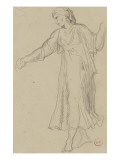Etude de femme debout coiffée d'un voile et vêtue d'une longue robe serrée sous la poitrine bras
